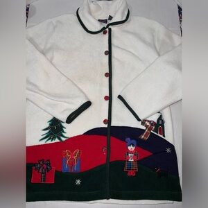 Renee Sports Ladies Sz  Large Button Front Ivory Holiday Fleece Jacket Christmas